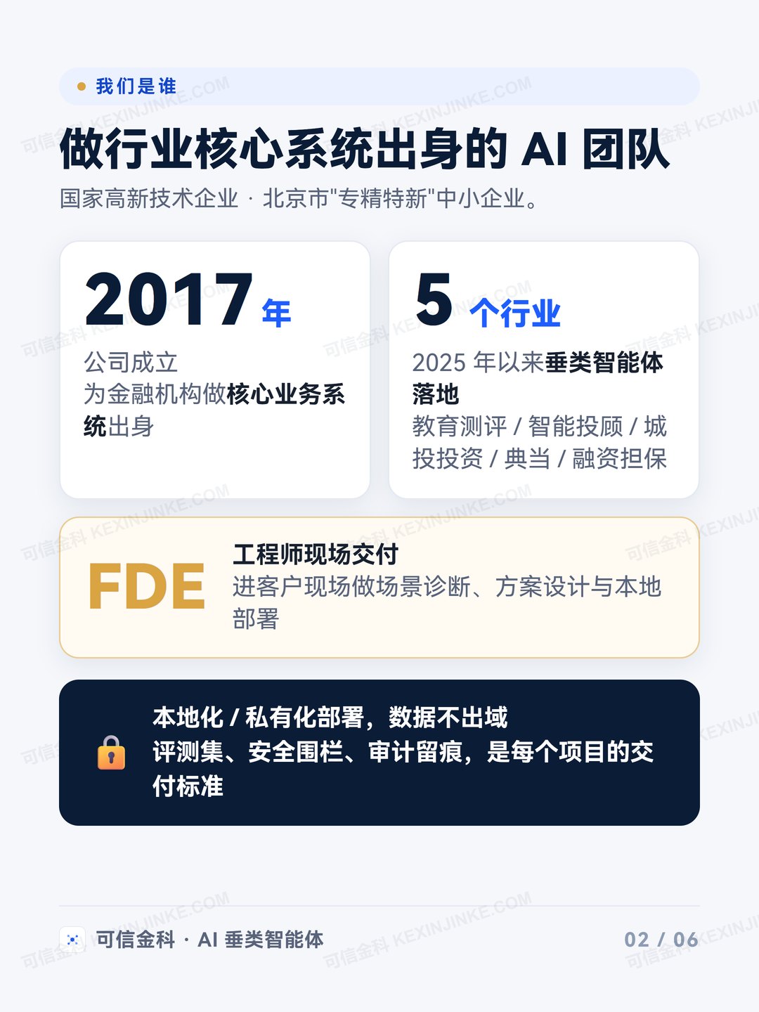 做行业核心系统出身的 AI 团队：2017 年成立、五个行业落地、FDE 现场交付、数据不出域