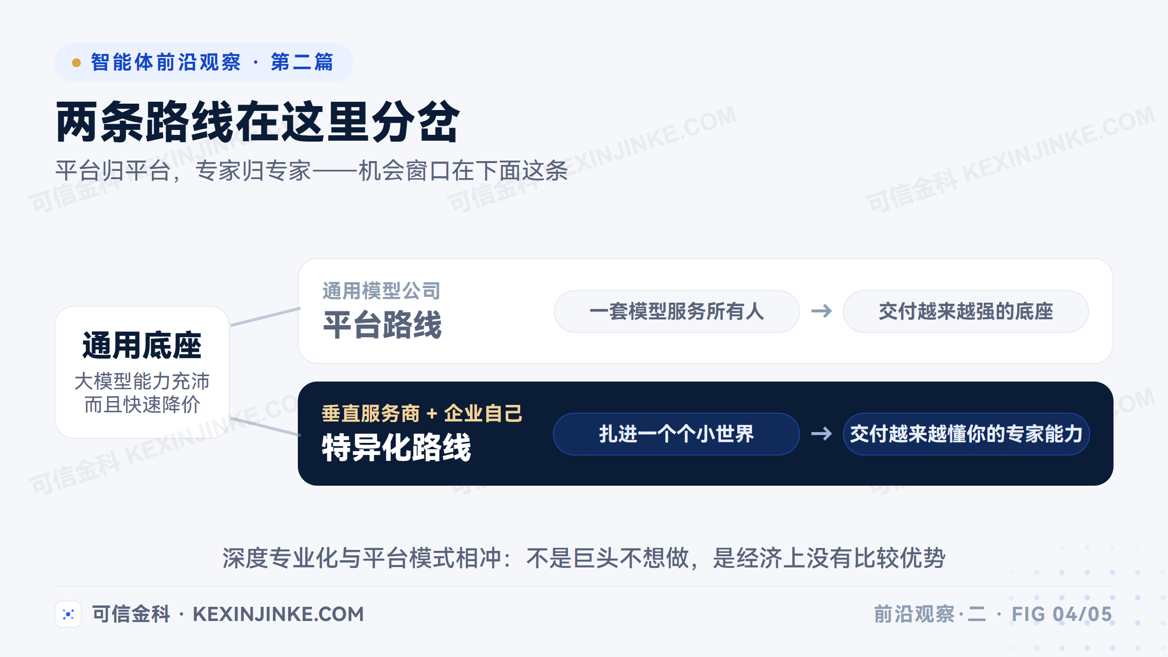平台路线与特异化路线的分岔：通用模型公司追求统一底座规模化供给，垂直服务商与企业自己承接深度专业化，两条路线并行而非替代
